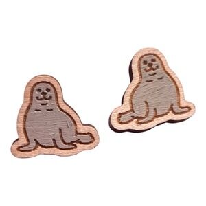 Wood Seal Stud Earrings Stainless Steel Posts Cute Animal Minimalist .5" Cute